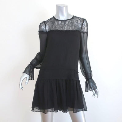 Ramy Brook Mini Dress Watson Black Lace-Trim Silk Size Extra Small Long Sleeve available at CelebrityOwned.com img_1