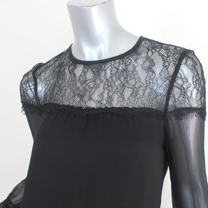 Ramy Brook Mini Dress Watson Black Lace-Trim Silk Size Extra Small Long Sleeve available at CelebrityOwned.com img_3