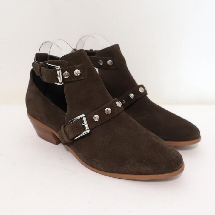 Rebecca Minkoff Abigail Buckle Booties Brown Suede Size 9 Cutout Ankle Boots available at CelebrityOwned.com img_1