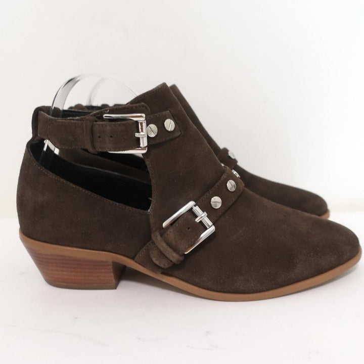 Rebecca Minkoff Abigail Buckle Booties Brown Suede Size 9 Cutout Ankle Boots available at CelebrityOwned.com img_2