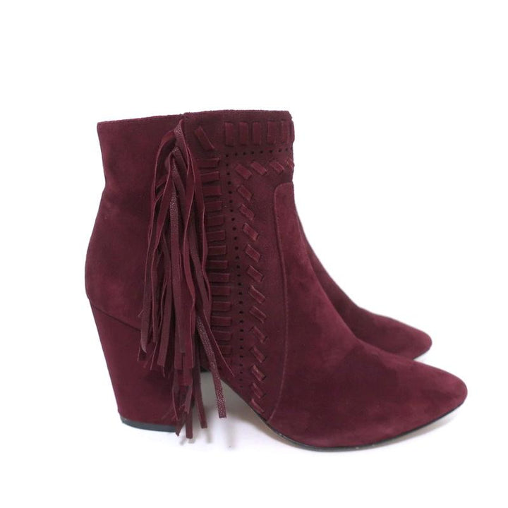 Rebecca Minkoff Fringe Ankle Boots Ilan Wine Suede Size 9 Pointed Toe Booties available at CelebrityOwned.com img_2