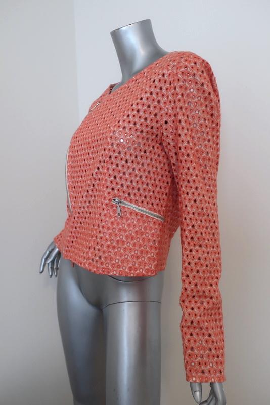 Rebecca Minkoff Moto Jacket Reynolds Peach Eyelet-Embroidered Cotton Size Medium available at CelebrityOwned.com img_5