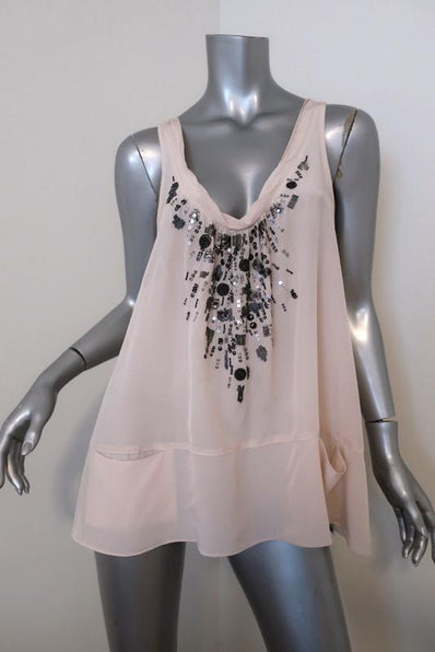 Rebecca Taylor Beaded Tank Top Blush Silk Size 8 Tassel Tie Sleeveless Blouse available at CelebrityOwned.com img_1