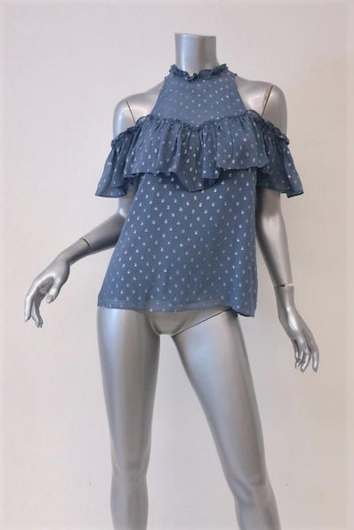 Rebecca Taylor Cold Shoulder Top Blue Metallic Dot Chiffon Size 0 Ruffle Blouse available at CelebrityOwned.com img_1