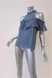 Rebecca Taylor Cold Shoulder Top Blue Metallic Dot Chiffon Size 0 Ruffle Blouse available at CelebrityOwned.com img_2