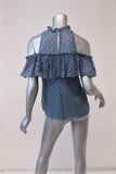 Rebecca Taylor Cold Shoulder Top Blue Metallic Dot Chiffon Size 0 Ruffle Blouse available at CelebrityOwned.com img_4
