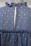Rebecca Taylor Cold Shoulder Top Blue Metallic Dot Chiffon Size 0 Ruffle Blouse available at CelebrityOwned.com img_5
