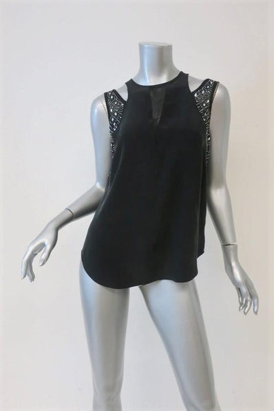 Rebecca Taylor Cutout Shoulder Tank Top Black Crystal-Embellished Silk Size 0 available at CelebrityOwned.com img_1