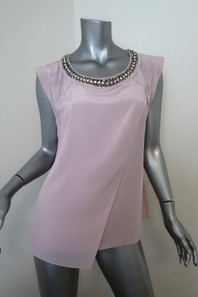 Rebecca Taylor Embellished Neck Blouse Lilac Silk Size 10 Asymmetrical Top available at CelebrityOwned.com img_1
