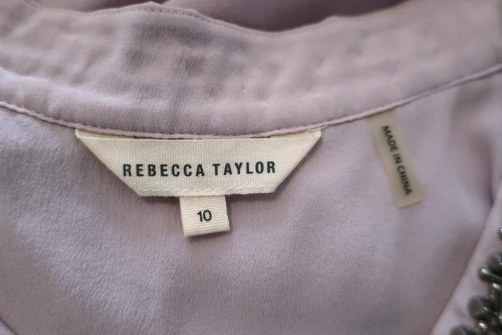 Rebecca Taylor Embellished Neck Blouse Lilac Silk Size 10 Asymmetrical Top available at CelebrityOwned.com img_7