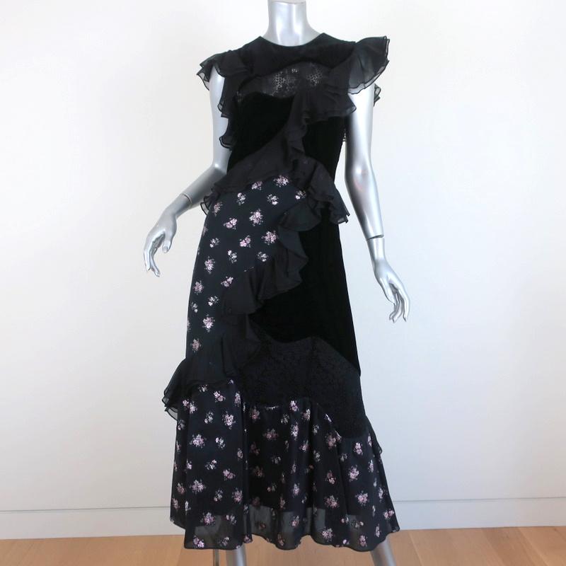 knee length dresses for ladies Rebecca Taylor Midi Dress Black Ruffle-Trim Velvet & Floral Jacquard Size 2