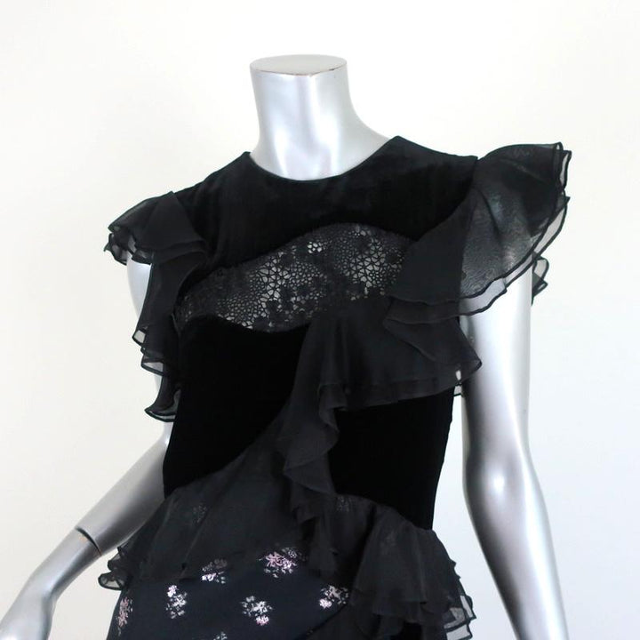 Rebecca Taylor Midi Dress Black Ruffle-Trim Velvet &amp; Floral Jacquard Size 2 available at CelebrityOwned.com img_3
