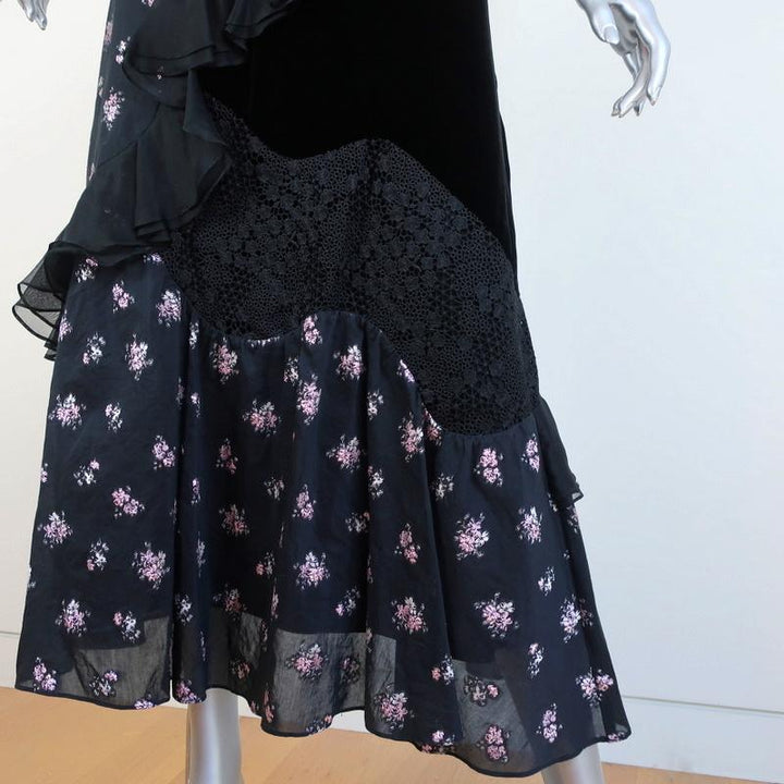 Rebecca Taylor Midi Dress Black Ruffle-Trim Velvet &amp; Floral Jacquard Size 2 available at CelebrityOwned.com img_4