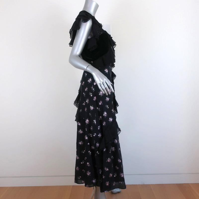 taylor velvet midi dress Rebecca Taylor Midi Dress Black Ruffle-Trim Velvet & Floral Jacquard Size 2