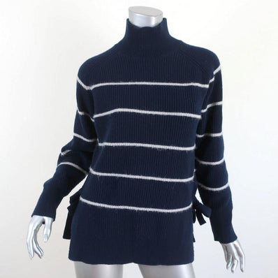 Rebecca Taylor Turtleneck Sweater Navy Striped Size Small Side-Tie Pullover available at CelebrityOwned.com img_1