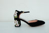 Rochas Mary Jane Pumps Black Floral-Embroidered Velvet Size 38 Ankle Strap Heel