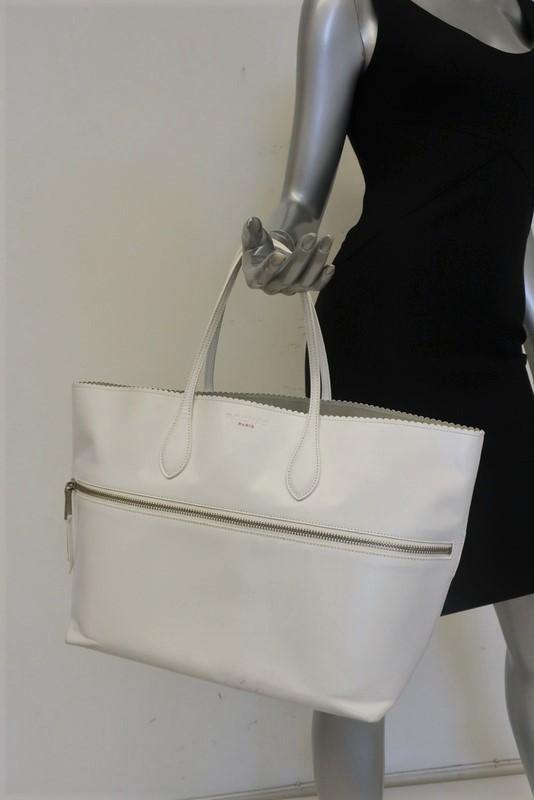 Rochas Shopper Tote White Leather Zip-Front Large Shoulder Bag