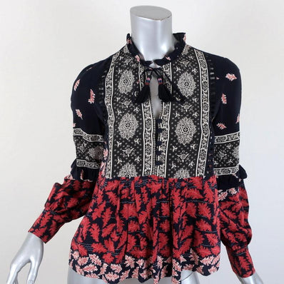 SEA Blouse Eloise Navy/Red Ruffled Printed Silk Size 0 Long Sleeve Tassel Top available at CelebrityOwned.com img_1