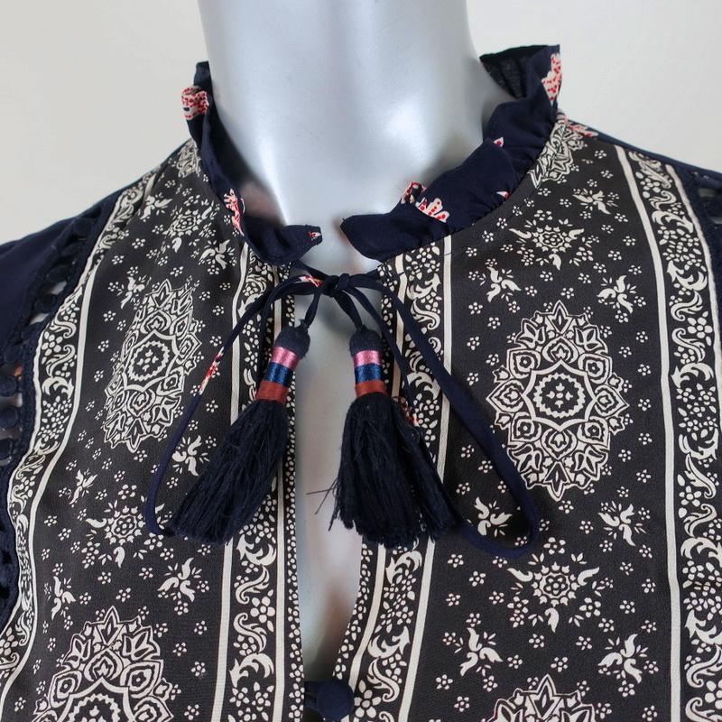 SEA Blouse Eloise Navy/Red Ruffled Printed Silk Size 0 Long Sleeve Tassel Top available at CelebrityOwned.com img_2
