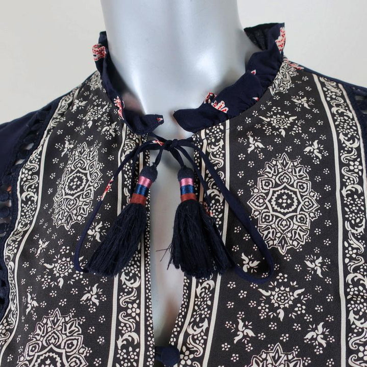 SEA Blouse Eloise Navy/Red Ruffled Printed Silk Size 0 Long Sleeve Tassel Top available at CelebrityOwned.com img_2