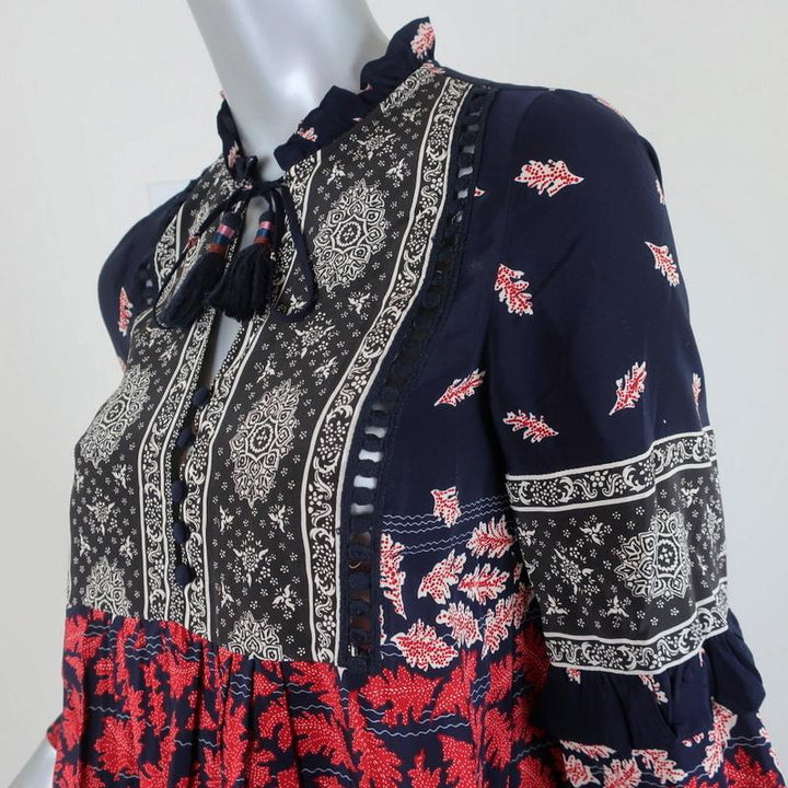 SEA Blouse Eloise Navy/Red Ruffled Printed Silk Size 0 Long Sleeve Tassel Top available at CelebrityOwned.com img_4