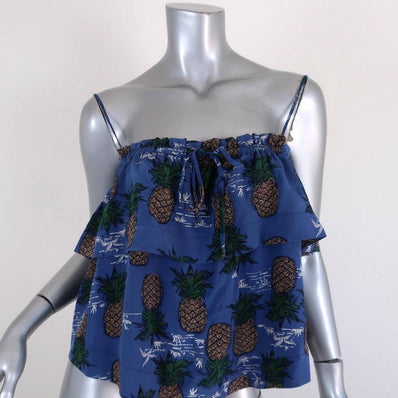SEA Tank Top Blue Pineapple Print Ruffled Silk Size 8 available at CelebrityOwned.com img_1
