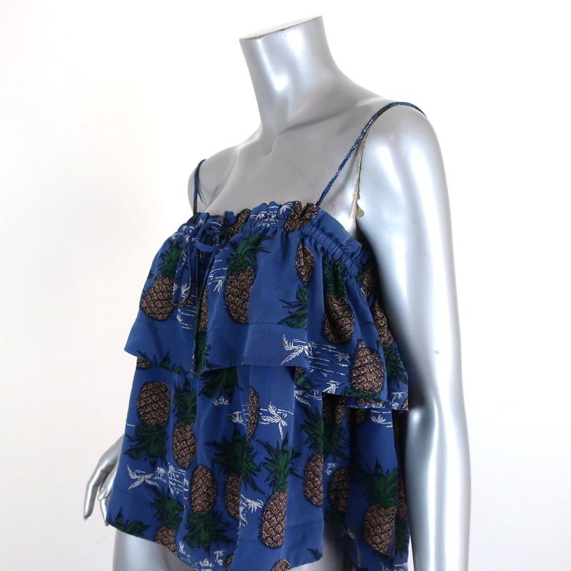 SEA Tank Top Blue Pineapple Print Ruffled Silk Size 8 available at CelebrityOwned.com img_3