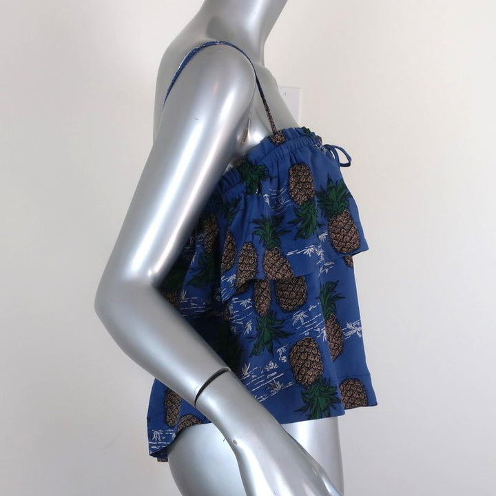 SEA Tank Top Blue Pineapple Print Ruffled Silk Size 8 available at CelebrityOwned.com img_4
