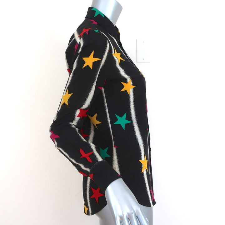 Saint Laurent Blouse Black Star Spray Paint Print Silk Size 36 Long Sleeve Shirt available at CelebrityOwned.com img_4