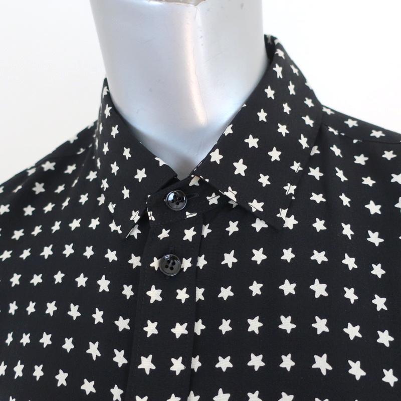 Saint Laurent Button Down Blouse Black Star Print Silk Size 36 Long Sleeve Top available at CelebrityOwned.com img_2