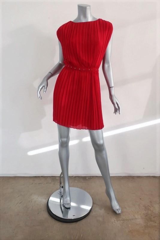 Saint Laurent Dress Red Pleated Washed Silk Georgette Size 40 Studded-Waist Mini available at CelebrityOwned.com img_1