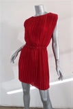 Saint Laurent Dress Red Pleated Washed Silk Georgette Size 40 Studded-Waist Mini available at CelebrityOwned.com img_4