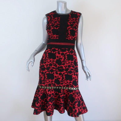 Saloni Dress Trudi B Red/Black Grommet-Trim Floral-Embroidered Size US 8 available at CelebrityOwned.com img_1