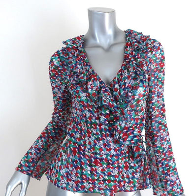 Saloni Ruffled Wrap Top Iman Multicolor Printed Silk Size 2 Long Sleeve Blouse available at CelebrityOwned.com img_1