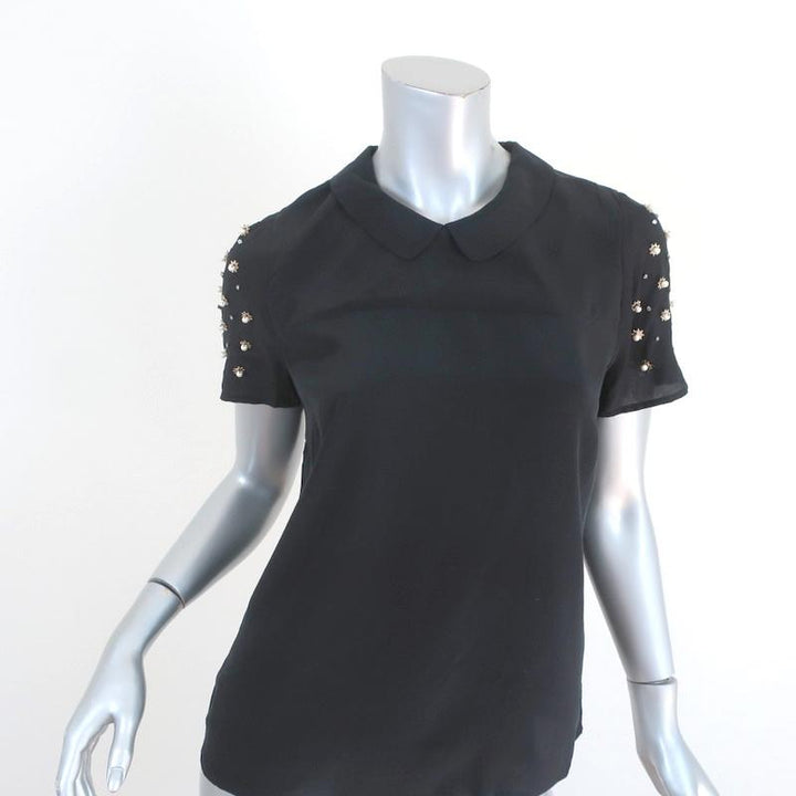 Sandro Blouse Black Pearl &amp; Crystal-Embellished Silk Size 1 Short Sleeve Top available at CelebrityOwned.com img_1