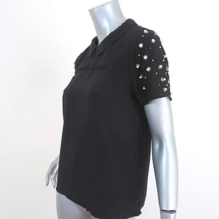 Sandro Blouse Black Pearl &amp; Crystal-Embellished Silk Size 1 Short Sleeve Top available at CelebrityOwned.com img_2