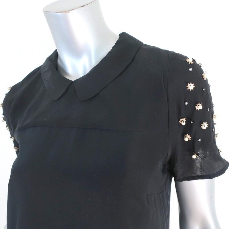 Sandro Blouse Black Pearl &amp; Crystal-Embellished Silk Size 1 Short Sleeve Top available at CelebrityOwned.com img_3