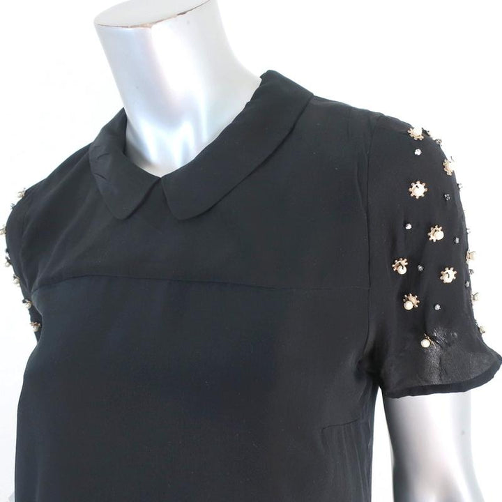 Sandro Blouse Black Pearl &amp; Crystal-Embellished Silk Size 1 Short Sleeve Top available at CelebrityOwned.com img_3