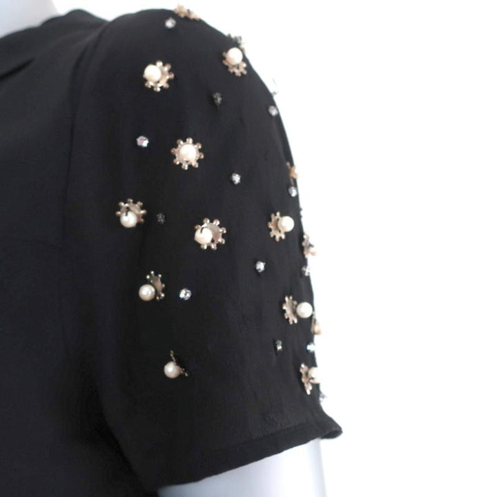 Sandro Blouse Black Pearl &amp; Crystal-Embellished Silk Size 1 Short Sleeve Top available at CelebrityOwned.com img_4
