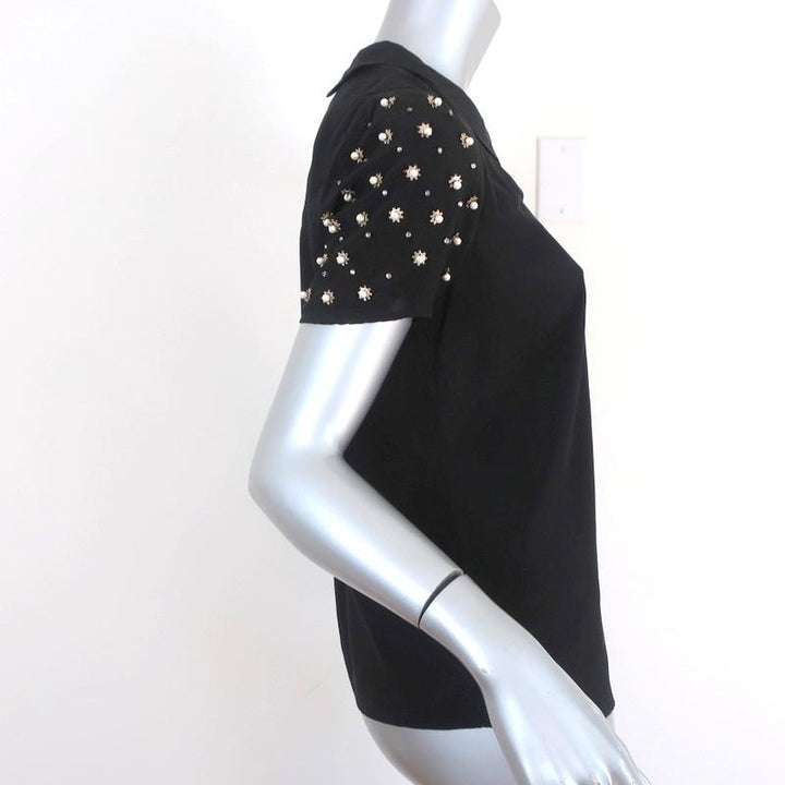 Sandro Blouse Black Pearl &amp; Crystal-Embellished Silk Size 1 Short Sleeve Top available at CelebrityOwned.com img_5