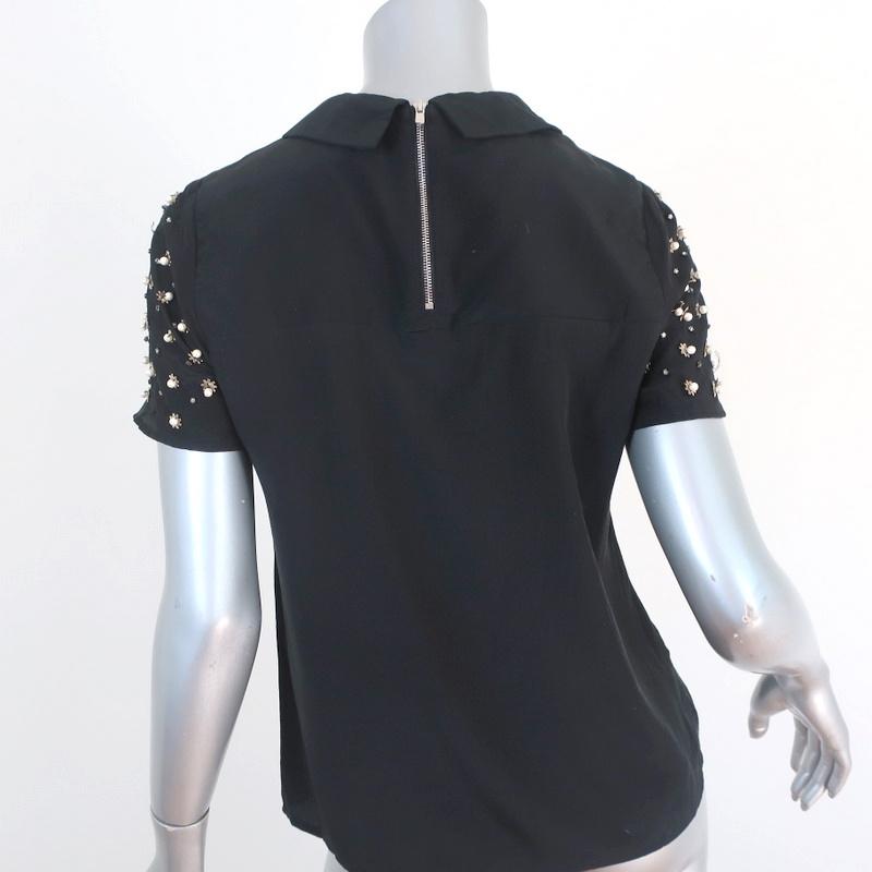 Sandro Blouse Black Pearl &amp; Crystal-Embellished Silk Size 1 Short Sleeve Top available at CelebrityOwned.com img_7