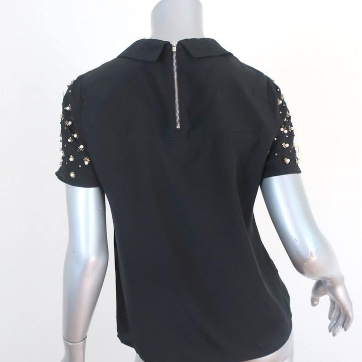 Sandro Blouse Black Pearl &amp; Crystal-Embellished Silk Size 1 Short Sleeve Top available at CelebrityOwned.com img_7