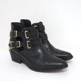 Sandro Double Buckle Ankle Boots Black Leather Size 37 Pointed Toe Booties available at CelebrityOwned.com img_1