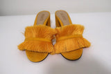 Schutz Elza Fringe Sandals Marigold Suede Size 6 Mid-Heel Slides NEW available at CelebrityOwned.com img_3