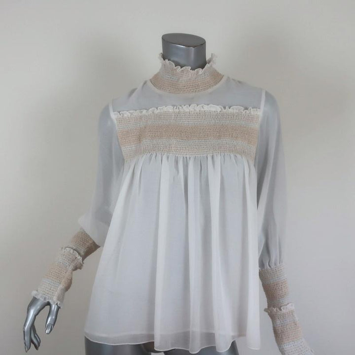 See By Chloe High Neck Blouse Cream Smocked Crepe Size 38 Long Sleeve Top available at CelebrityOwned.com img_1
