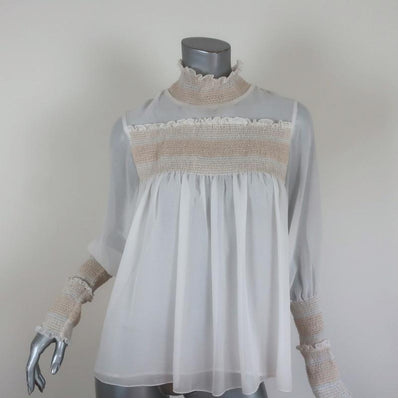 See By Chloe High Neck Blouse Cream Smocked Crepe Size 38 Long Sleeve Top available at CelebrityOwned.com img_1