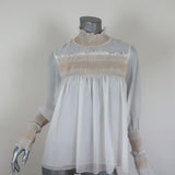 See By Chloe High Neck Blouse Cream Smocked Crepe Size 38 Long Sleeve Top available at CelebrityOwned.com img_1