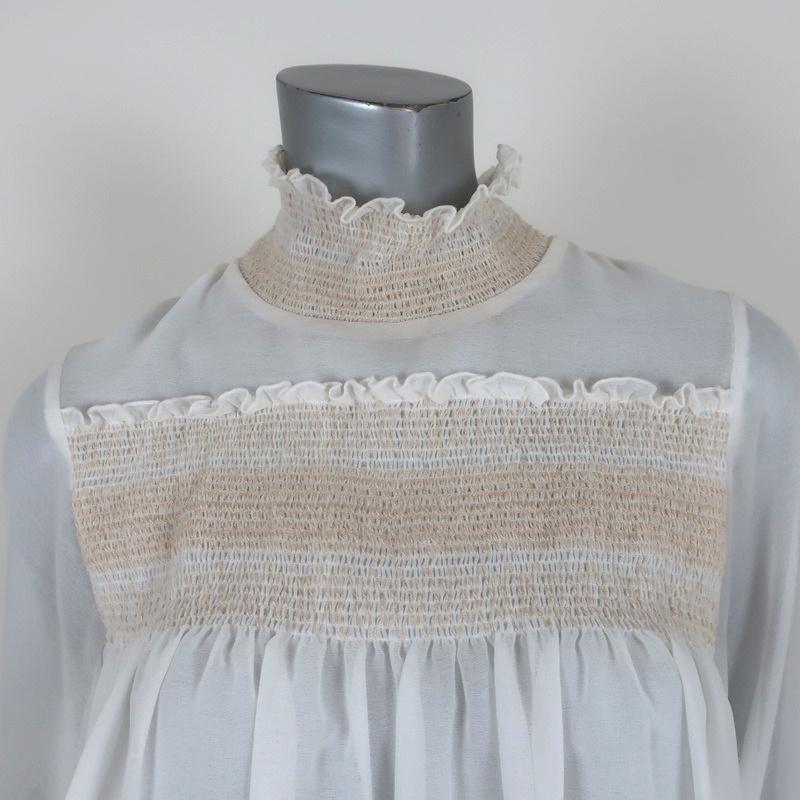 See By Chloe High Neck Blouse Cream Smocked Crepe Size 38 Long Sleeve Top available at CelebrityOwned.com img_2