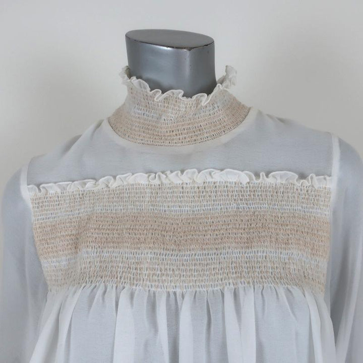 See By Chloe High Neck Blouse Cream Smocked Crepe Size 38 Long Sleeve Top available at CelebrityOwned.com img_2