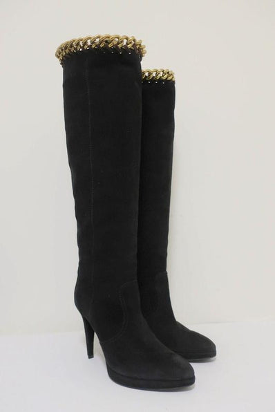 Sergio Rossi Chain-Embellished Knee High Boots Black Suede Size 36 Platform Heel available at CelebrityOwned.com img_1